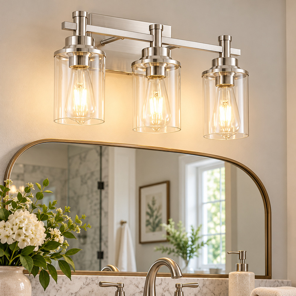 3-Light Brushed Nickel Bathroom Vanity Light – Modern Clear Glass Shades